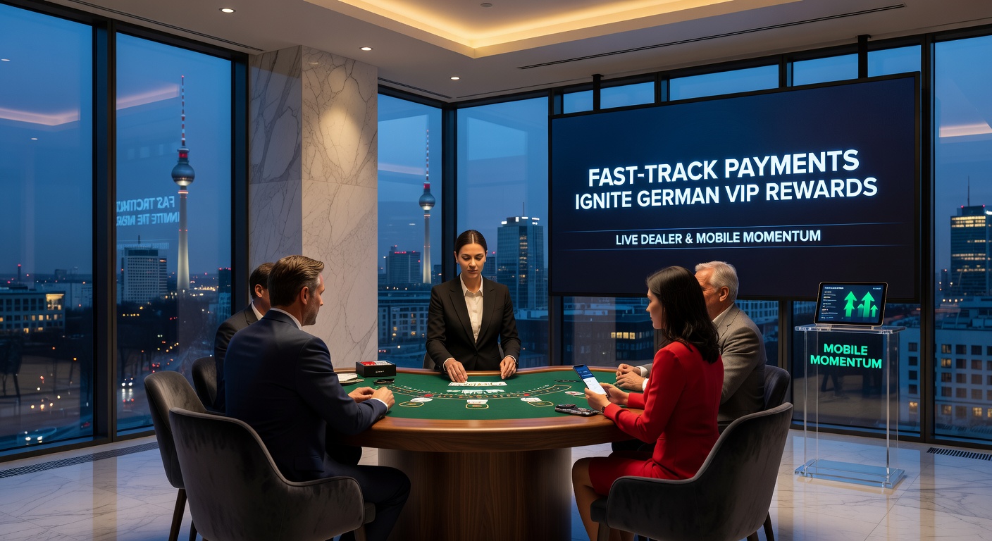 Live-Dealer-Tisch in Aktion mit VIP-Spielern auf mobilen Geräten, umgeben von Symbolen für Instant Payments und High-Stakes-Wetten